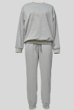 Grey Crewneck Long Sleeve Sweatshirt and Draw String Pants Casual Streetwear Two Piece Jogging Suit