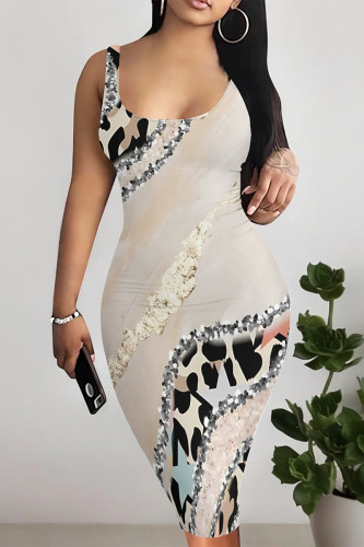 Cream White Sexy Street Leopard Print Gradient Color Contrast U Neck Printed Dresses