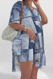 Baby Blue Casual Street Faux Denim Print V Neck Short Sleeve Longline Top and Shorts Two Piece Short Set