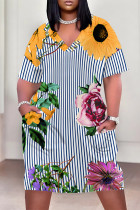 White Casual Street Floral Print Pocket Contrast V Neck Printed Plus Size Dresses