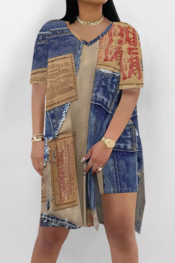 Blue Coffee Casual Street Faux Denim Print V Neck Short Sleeve Longline Top and Shorts Two Piece Short Set