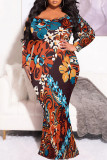 Deep Coffee Floral Print V Neck Fishtail Hem Long Sleeve Vacation Plus Size Bodycon Maxi Dress