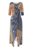 Baby Blue Casual Street Faux Denim Print Pocket O Neck Irregular Hem Straigh Loose Maxi Dresses