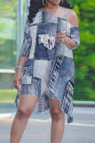 Multicolor Casual Street Faux Denim Print Irregular Contrast Sloping Shoulder Plus Size Two Pieces