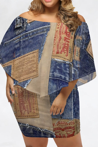 Blue Coffee Casual Street Faux Denim Print Irregular Off Shoulder Printed Plus Size Dresses