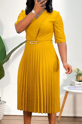 Yellow Formal Wrap V-Neck Elbow-Length Sleeve A Line Business Wear Pleated Midi Dress
