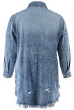 Blue Turndown Collar Long Sleeve Fringed Trim Pocket Buckle Straight Loose Plus Size Denim Midi Dresses