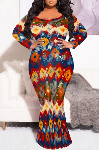 Multi-color Ikat Print Bohemian Maxi Dress Scoop Neck Long Sleeve Plus Size V Neck Fishtail Hem Party Evening Gown