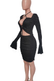 Black Formal Flare Sleeve Hollow Out Strap Design Asymmetrical Collar Holiday Party Bodycon Mini Dress