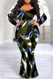 Baby Blue Plus Size Colorful Polka Dot V Neck Fishtail Hem Long Sleeve Bodycon Maxi Dress
