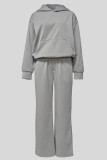 Grey Sporty Hooded Sweatshirt and Straight Leg Pant Long Sleeve Jogger Set Women's Relaxed Fit Tracksuit
