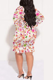 Multicolor Floral Print Lace Up Ruffle V Neck Plus Size Vacation Garden Party Midi Dresses