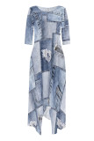 Baby Blue Casual Street Faux Denim Print Pocket O Neck Irregular Hem Straigh Loose Maxi Dresses