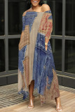 Baby Blue Casual Street Faux Denim Print Pocket O Neck Irregular Hem Straigh Loose Maxi Dresses
