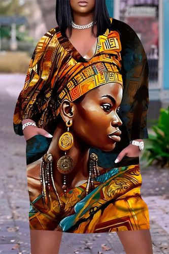 Golden Yellow Casual Street Figure Print Pocket Contrast V Neck Printed Plus Size Dresses