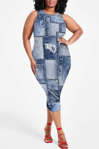 Baby Blue Casual Street Faux Denim Print Contrast O Neck Printed Plus Size Dresses