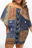 Baby Blue Casual Street Faux Denim Print Irregular Off Shoulder Printed Plus Size Dresses