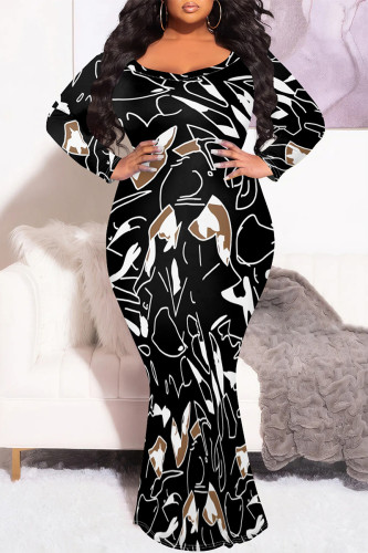 Black Floral Print V Neck Fishtail Hem Long Sleeve Vacation Plus Size Bodycon Maxi Dress