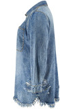 Blue Turndown Collar Long Sleeve Fringed Trim Pocket Buckle Straight Loose Plus Size Denim Midi Dresses