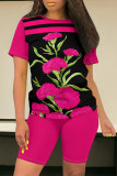 Multicolor Casual Street Flowers Chain print Contrast O Neck Short Sleeve Two Pieces