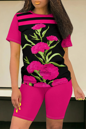 Rose Red Casual Street Flowers Chain print Contrast O Neck Short Sleeve Two Pieces