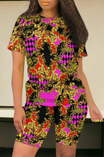 Multicolor Casual Street Flowers Chain print Contrast O Neck Short Sleeve Two Pieces