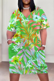 Sky Blue Casual Street Floral Print Pocket Contrast V Neck Printed Plus Size Dresses