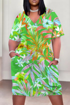 Green Casual Street Floral Print Pocket Contrast V Neck Printed Plus Size Dresses