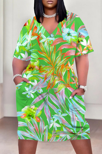 Green Casual Street Floral Print Pocket Contrast V Neck Printed Plus Size Dresses