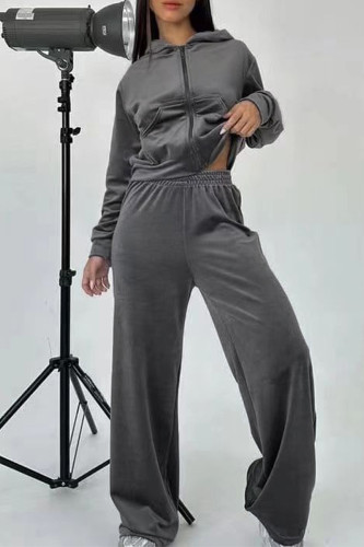 Silver Gray Casual Solid Color Pocket Patchwork Zipper Zipper Collar Long Sleeve Two Pieces