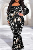 Deep Coffee Floral Print V Neck Fishtail Hem Long Sleeve Vacation Plus Size Bodycon Maxi Dress
