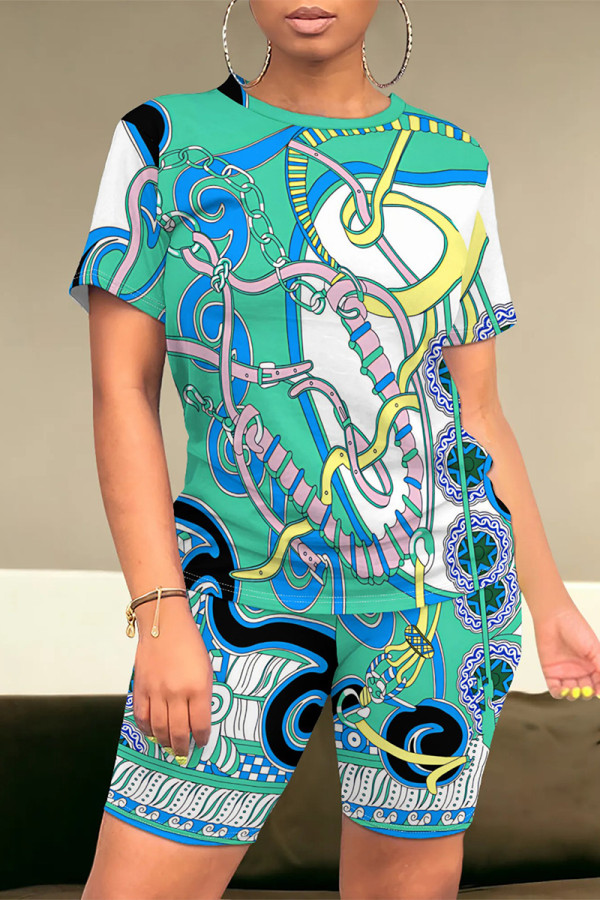 Cyan Casual Street Flowers Chain print Contrast O Neck Short Sleeve Two Pieces