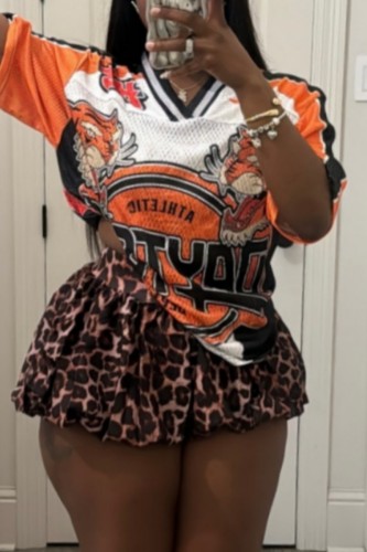 Orange Red Sporty Graphic V Neck Oversized Tiger Print T Shirt Casual Wear Short Sleeve Relaxed Fit Graphic Tee Athletic Top