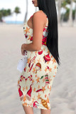 White Sexy Street Santa Claus Santa Hats Print Contrast U Neck Printed Dresses