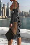 Baby Blue Faux Denim Print O Neck Long Sleeve Casual Outings Straight Bodycon Midi Printed Dresses