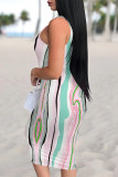 Deep Pink Sexy Street Geometric Print Gradient Color Contrast U Neck Printed Dresses