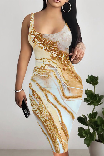 Golden Yellow Sexy Street Geometric Print Gradient Color Contrast U Neck Printed Dresses