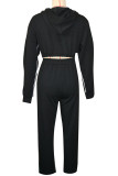 Black Halloween Glitter Skeleton Two Piece Jogger Set Streetwear Cropped Hoodie and High-Waisted Wide Leg Pant