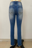 Blue Casual Outing Buttons Zipper Mid Waist Skinny Ripped Denim Jeans