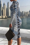 Baby Blue Faux Denim Print O Neck Long Sleeve Casual Outings Straight Bodycon Midi Printed Dresses