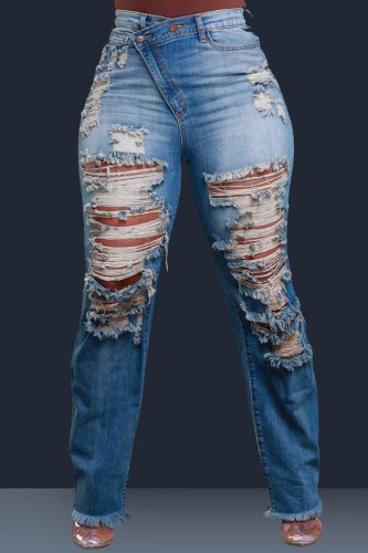 Blue Casual Outing Buttons Zipper Mid Waist Skinny Ripped Denim Jeans