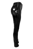 Black Casual Outing Buttons Zipper Mid Waist Pencil Ruched Skinny Leather Pants