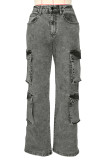 Dark Gray Casual Street Pocket Patchwork Zipper Mid Waist Straight Denim Jeans