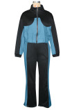 White Denim Patchwork Lantern Sleeve Zip-UP Jacket and Wide Leg Pant Casual Outing Two Piece Sweatpant Set