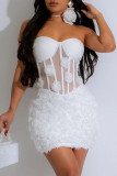 Black Sexy Solid Color Patchwork See-Through Backless Flower Shape Strapless Wrapped Skirt Dresses