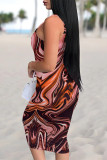 Deep Pink Sexy Street Geometric Print Gradient Color Contrast U Neck Printed Dresses