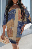 Baby Blue Faux Denim Print Off Shoulder 3/4 Sleeve Irregular Hem Casual Outings Straight Midi Dresses