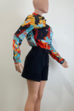 Multicolor Casual Print Buckle Patchwork Shirt Collar Tops