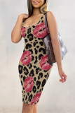 Black Sexy Street Geometric Print Lips Leopard Contrast U Neck Printed Dresses