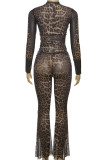 Leopard Print Mesh Two Piece Pant Set Clubwear Party Sheer Long Sleeve Top and Bodycon Flare Pants 2 Piece Outfit